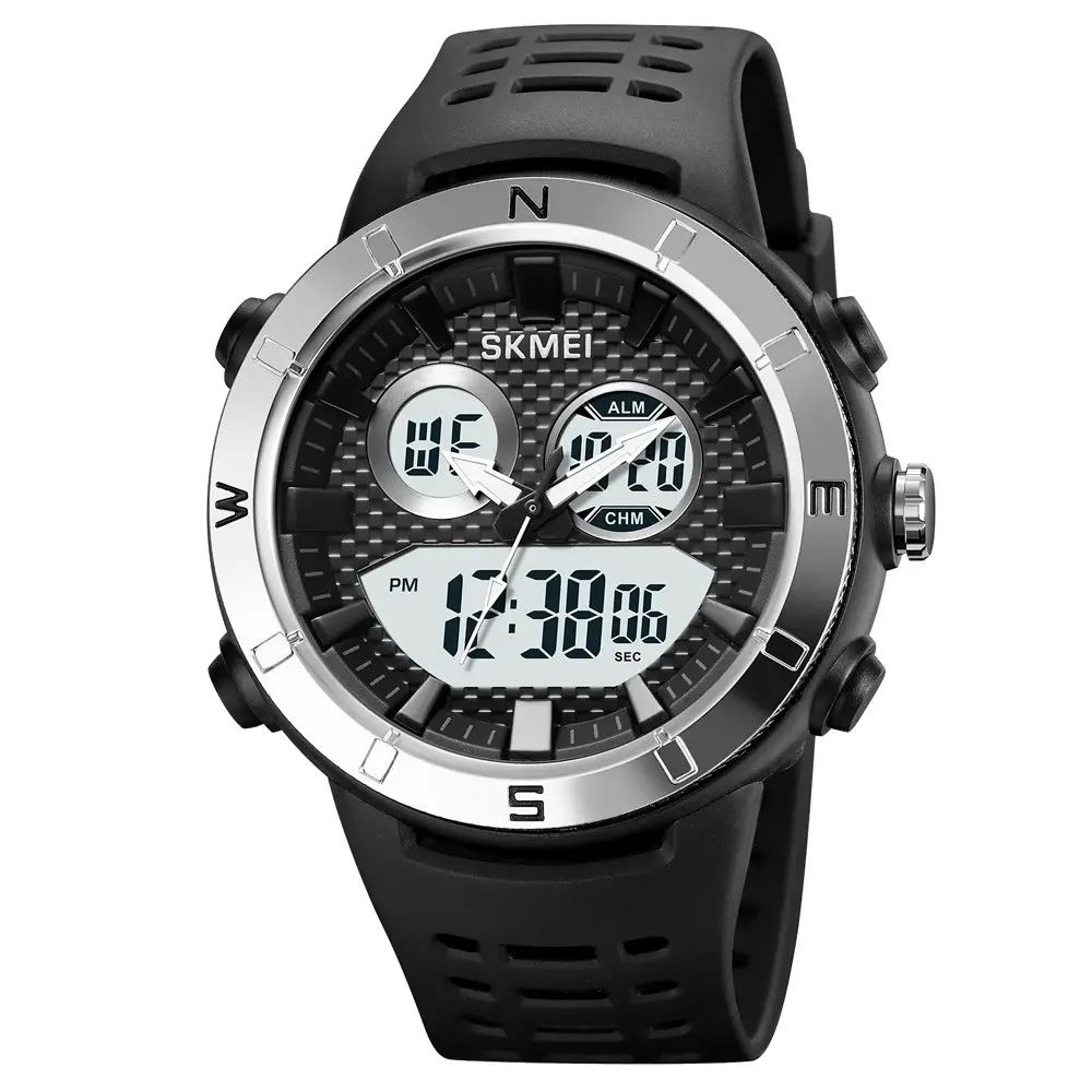 SKMEI 2014 Digital Analog Silicone Strap Waterproof Sporty Men's Watch – Dial Color: Silver, Strap Color: Black – View 1