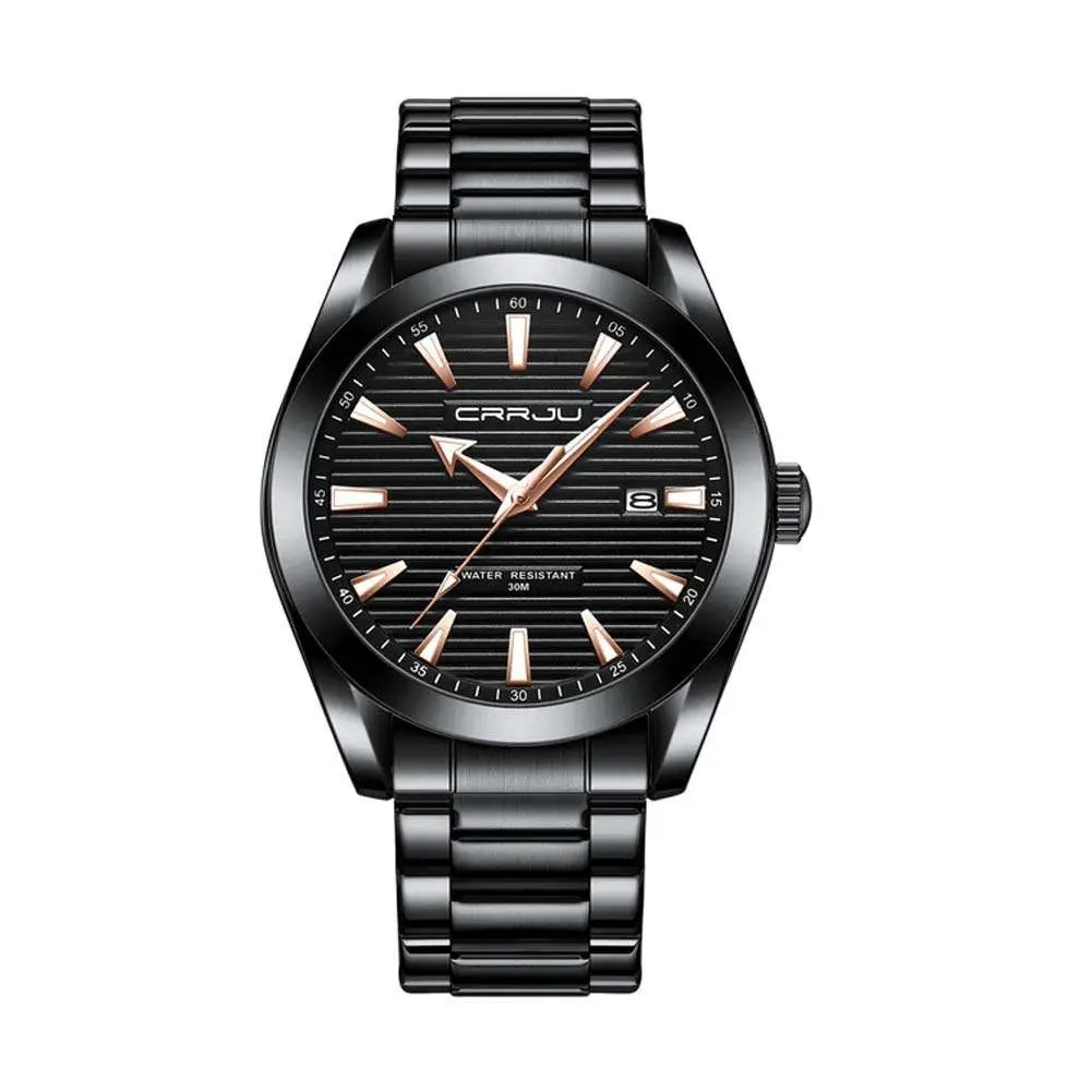 CRRJU 5006 Classic Stainless Steel Multifunctional Analog Quartz Fashion Men's Watch – Dial Color: Black, Strap Color: Black – View 1
