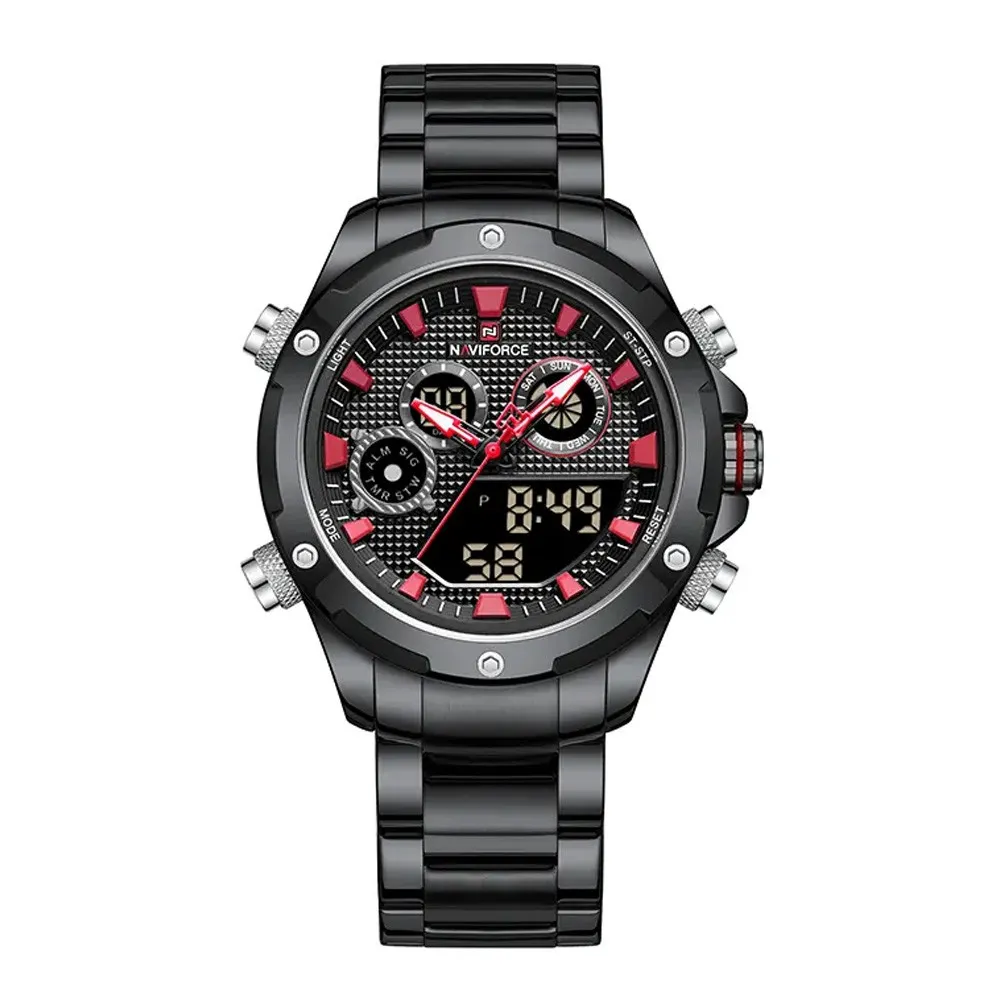 NAVIFORCE NF9217 Military Quartz Stainless Steel Men's Watch – Dial Color: Red, Strap Color: Black – View 1