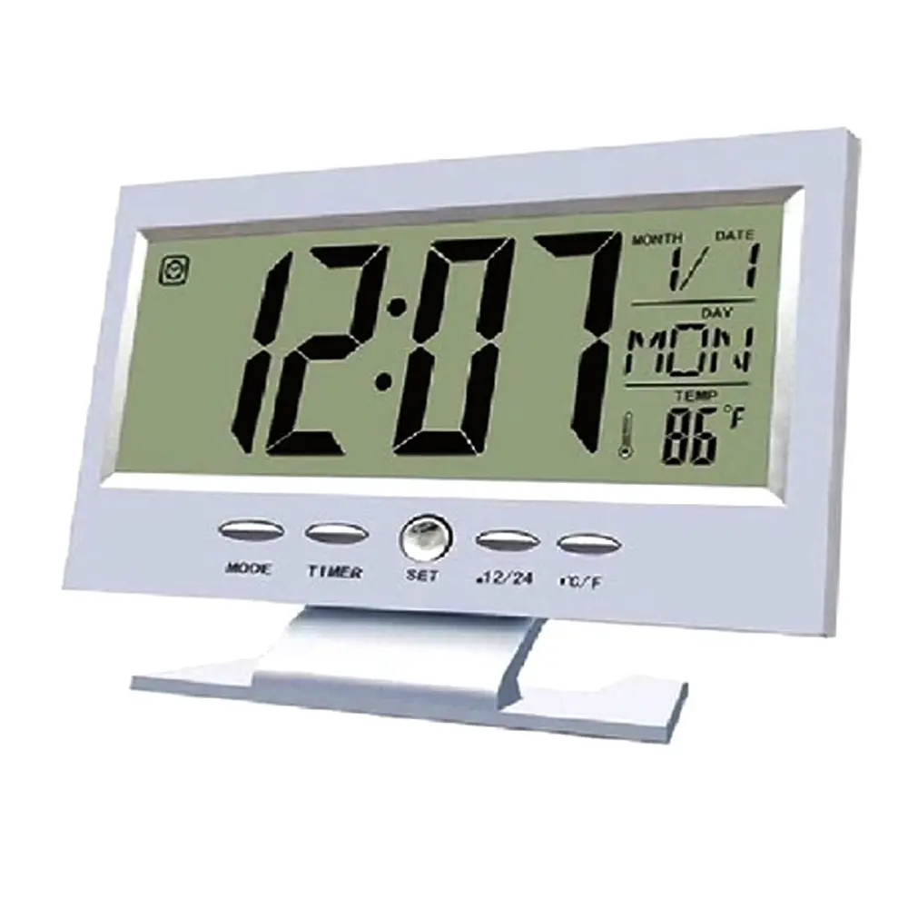 Digital table clock Voice Control LED Snooze Alarm Clock – Color: White – View 1