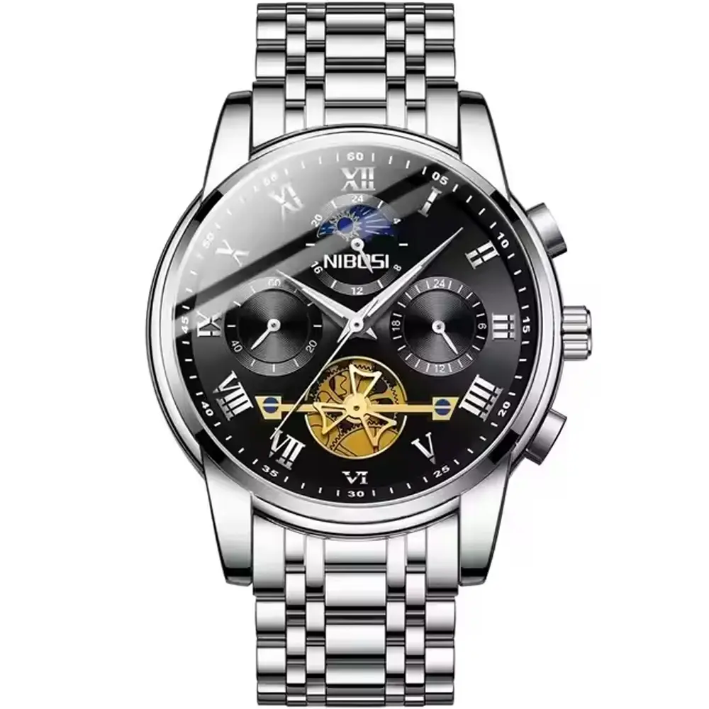 Nibosi 2507  Luxury Stainless Steel Waterproof Men's Watch – Dial Color: Brown, Strap Color: Silver – View 1