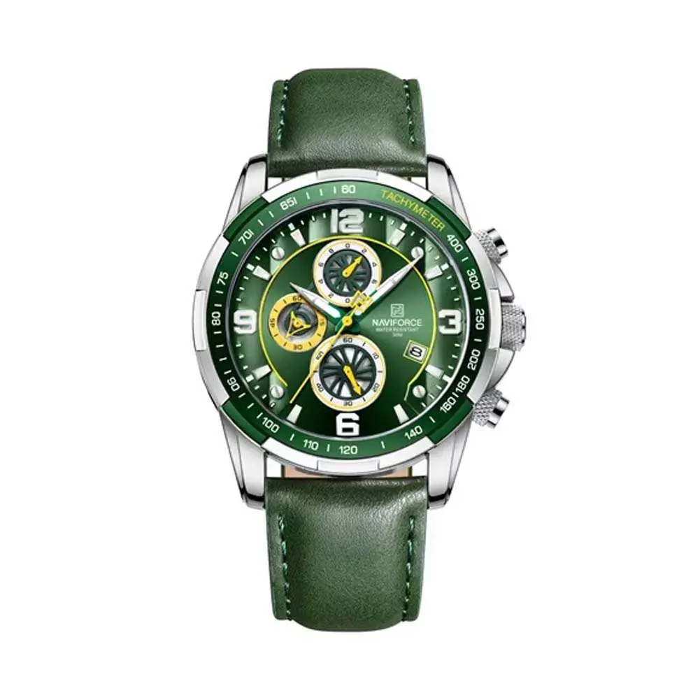 Naviforce NF8020L Luxury Leather Quartz Chronograph Casual Sports Style Men's Watch – Dial Color: Silver, Strap Color: Green  – View 1