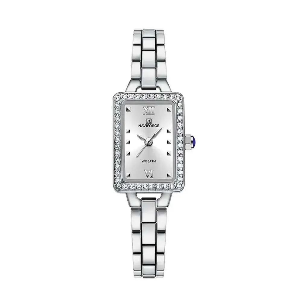 Naviforce NF5043 Luxury Stainless Steel Strap Chronograph Retro Versatile Fashion Women's Watch – Dial Color: Silver, Strap Color: Silver – View 1