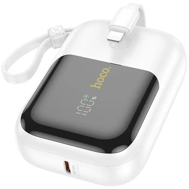 HOCO Q20 10000mAh Fountain Built-in Cable Mini Fast Charging Power Bank – Color: White – View 1