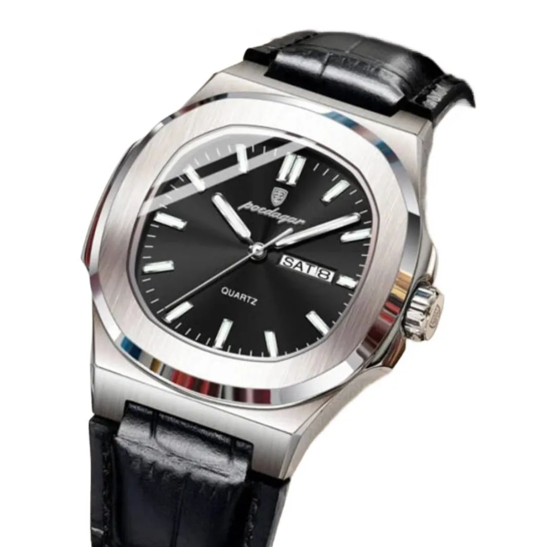 Poedagar 853L Quartz Square Waterproof Luminous Men's Watch – Dial Color: Silver, Strap Color: Black – View 1
