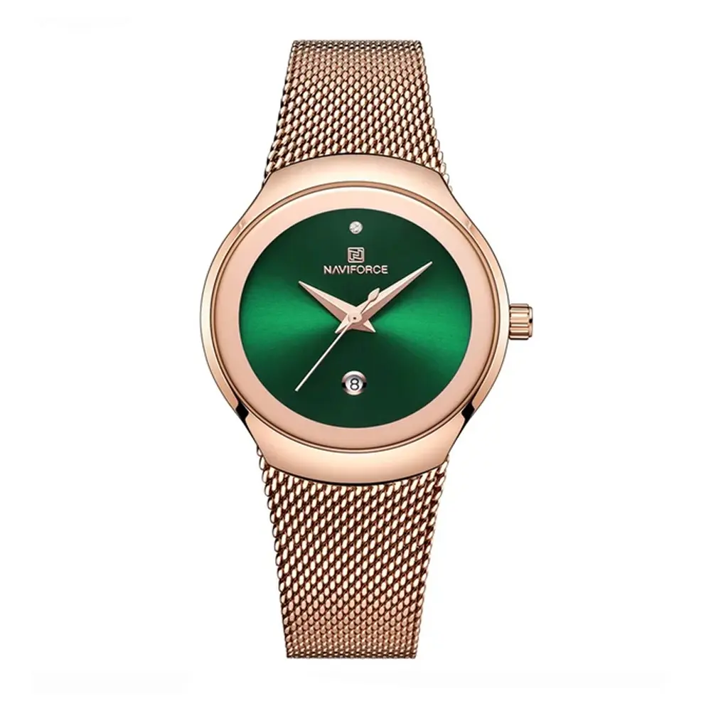 Naviforce NF5004 Milanese Mesh Strap Waterproof Versatile Ultra Thin Women's watch – Dial Color: Green, Strap Color:  Brown  – View 1