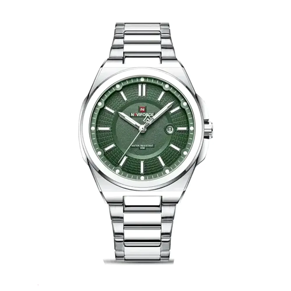 Naviforce 9212 Authentic Stainless Steel Analog Men's Watch – Dial Color: Green, Strap Color: White – View 1