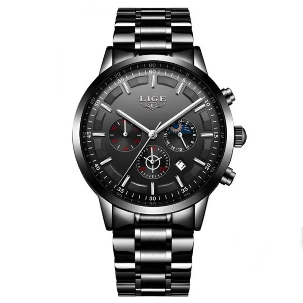 LIGE 9877 Stainless Steel Moon Phase Analog Luxury Men's Watch – Dial Color: Black, Strap Color: Black – View 1