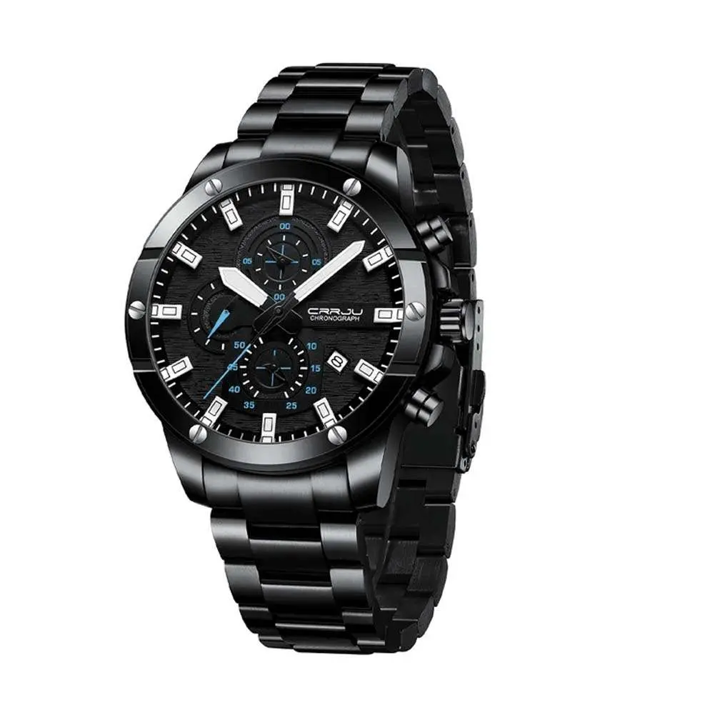 CRRJU 2296 High Quality Stainless Steel Multifunctional Analog Quartz Classic Men's Watch – Dial Color: Black, Strap Color: Black – View 1