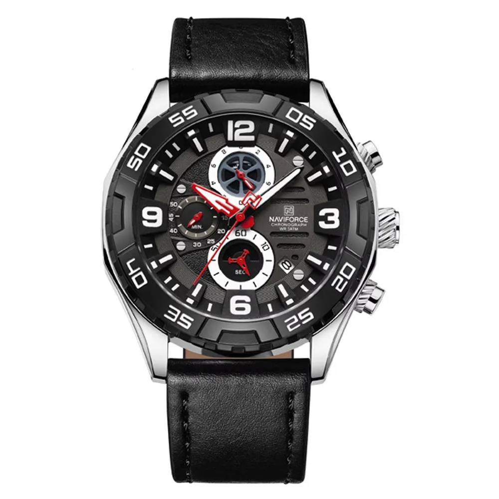 Naviforce NF8043 Elegance Stainless Steel Men's Watch – Dial Color: Silver, Strap Color: Black – View 1