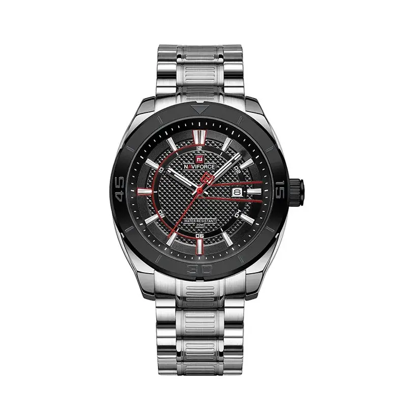 Naviforce NF9210 Luxury Stainless Steel Quartz Analog Men's Watch – Dial Color: Black, Strap Color: Silver – View 1