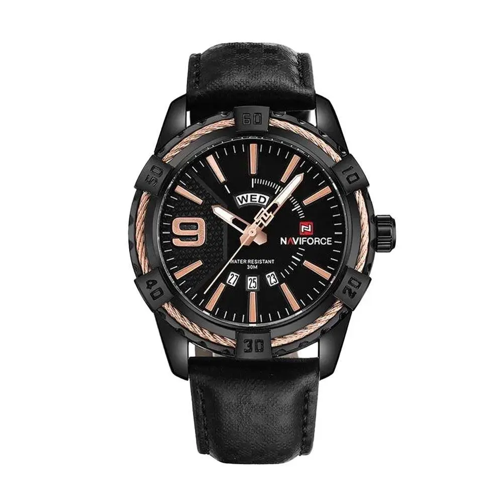 Naviforce NF9117L Comfortable Leather Strap Luxury Fashion and Sports Men's Watch – Dial Color: Bronze, Strap Color: Black – View 1