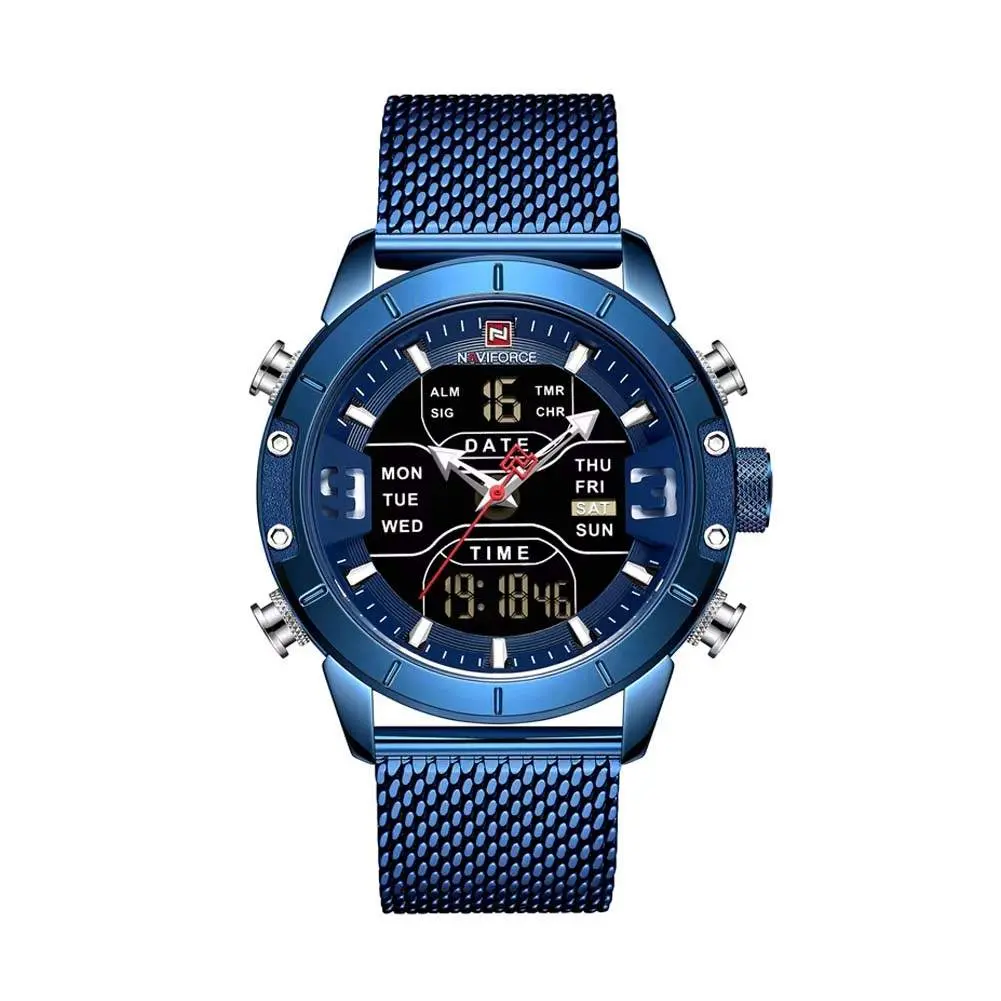 Naviforce NF9153 Mesh Stainless Steel Dual Display Multifunctional Sports Men's Watch – Dial Color: Blue, Strap Color: Blue – View 1