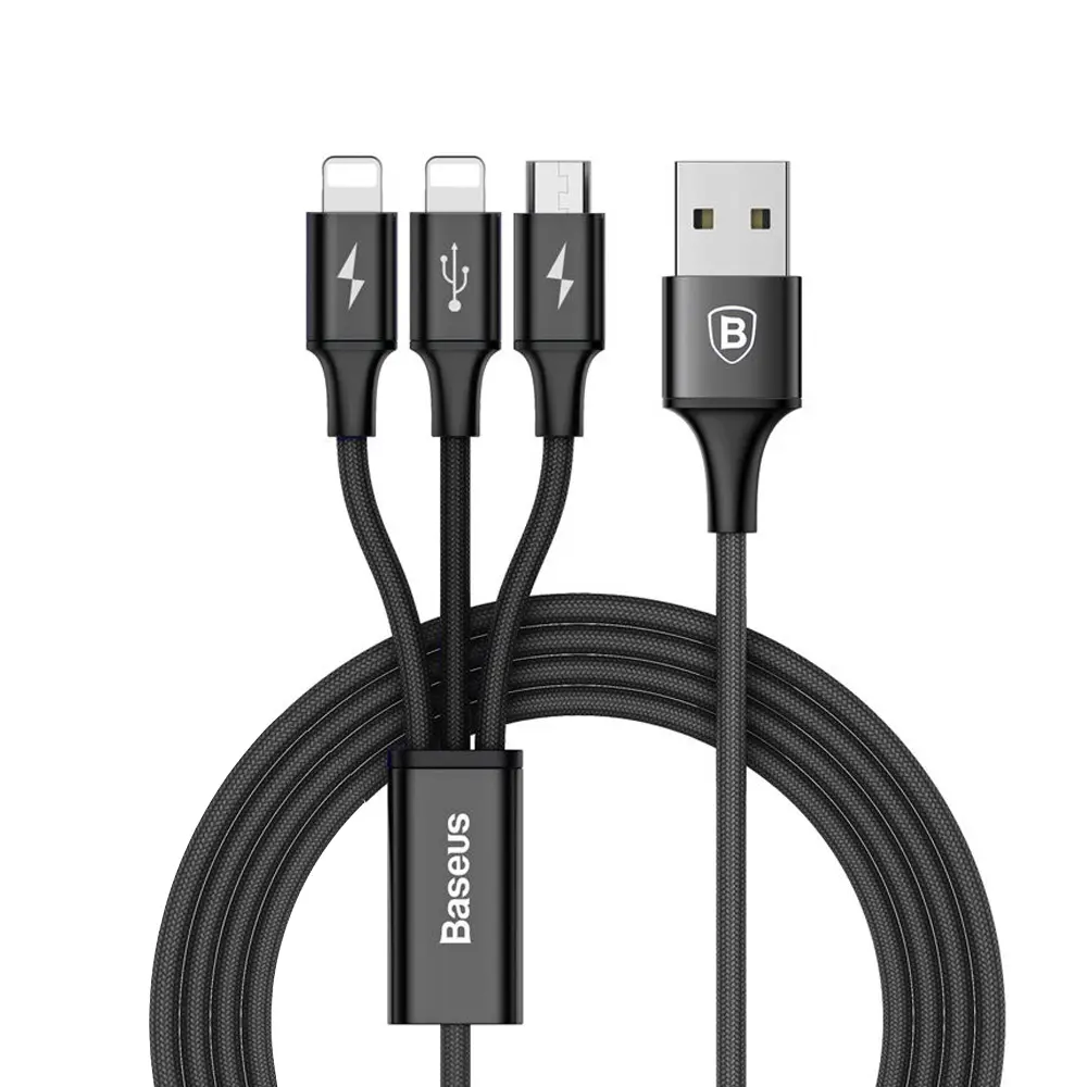 Baseus Rapid Series 3-in-1 Micro & Dual Lightning 1.2M Fast Charging Cable  – Color: Black – View 1