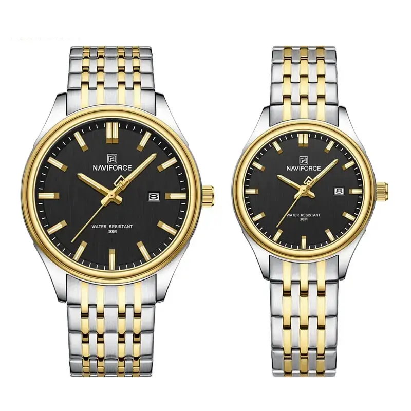 Naviforce NF8039 Luxury Stainless Steel Quartz Analog Casual Couple Watch – Dial Color: Black, Strap Color: Gold  – View 1