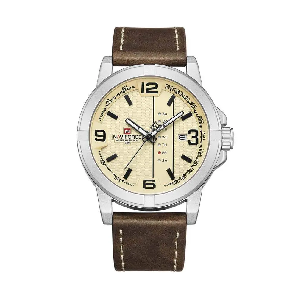 Naviforce NF9177 Top Quality Leather Strap Creative Calendar Unique Fashion Men's Watch – Dial Color: Silver, Strap Color:  Brown  – View 1