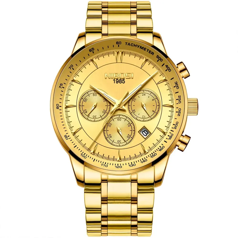 Nibosi 2351 Classic Stainless Steel Multifunctional Chronograph Analog Fashion Men's Watch – Dial Color: Gold, Strap Color: Gold – View 1