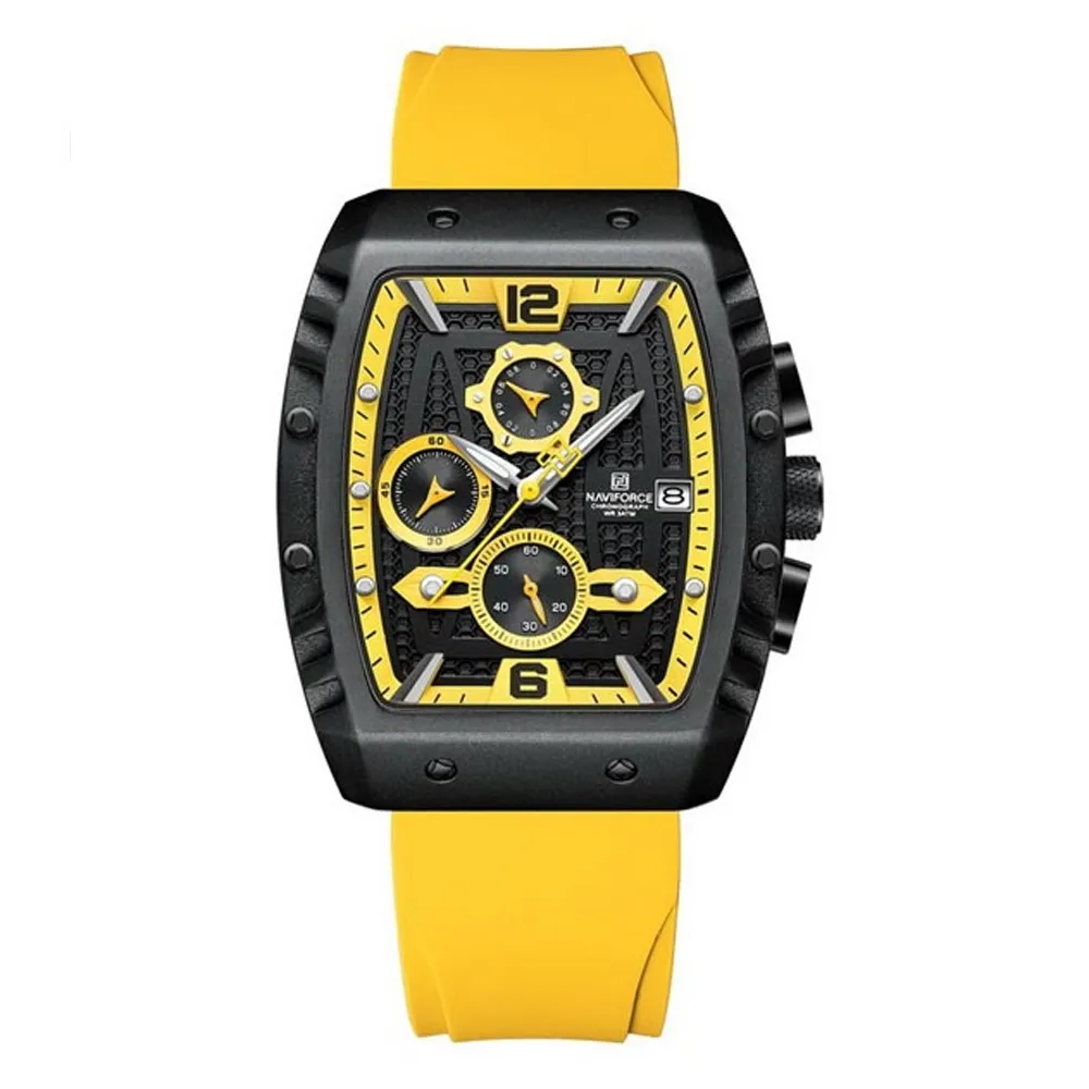 Naviforce NF8025 Quartz Silicone Chronograph Sports Men's Watch – Dial Color: Yellow, Strap Color: Yellow – View 1
