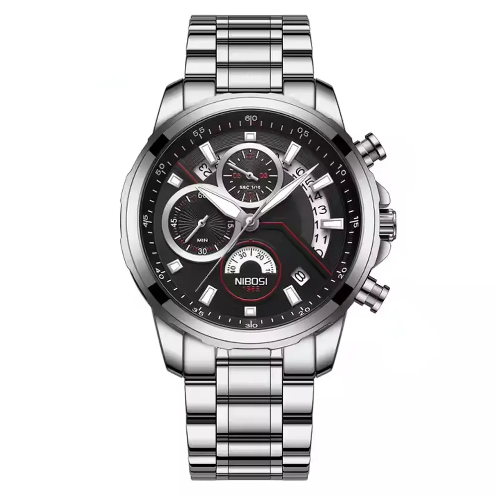 Nibosi 2576 High Quality Stainless Steel Luminous Men's Watch – Dial Color: Black, Strap Color: Silver – View 1