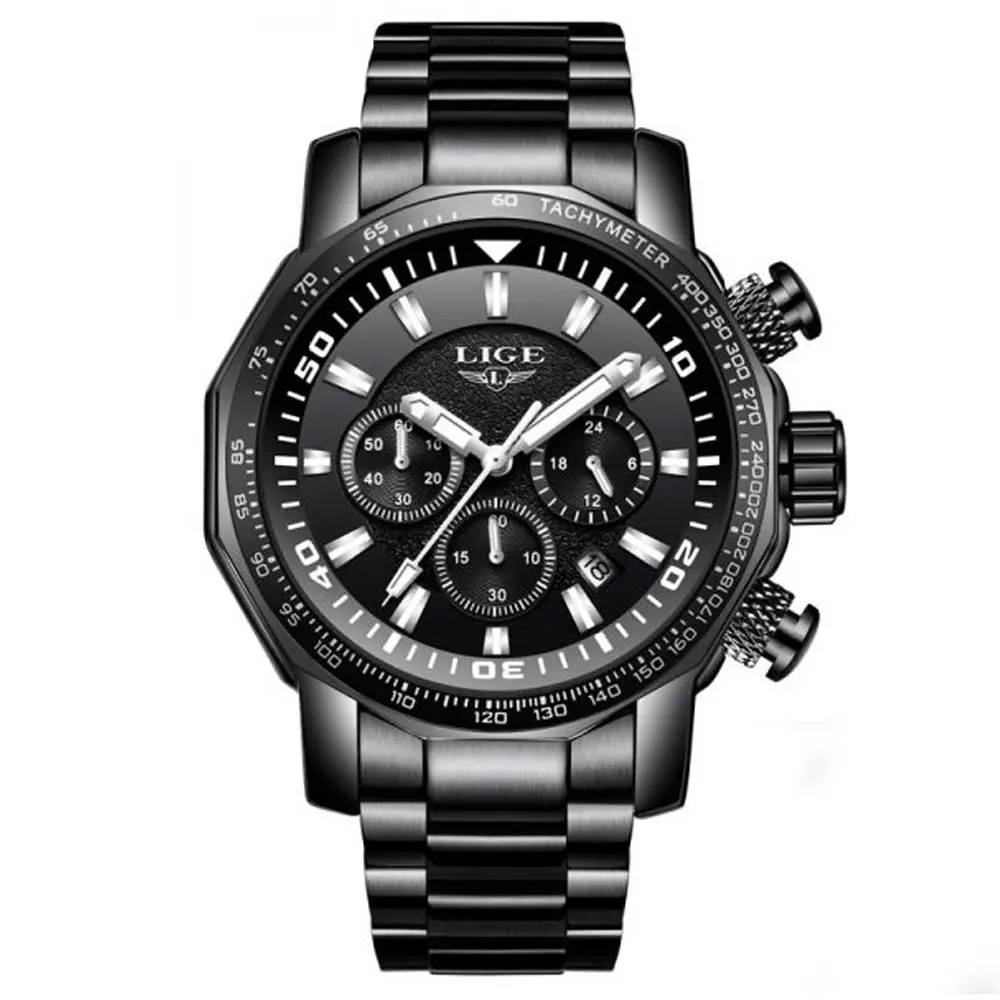 LIGE 9871 Stainless Steel Analog Quartz Casual Men's Watch – Dial Color: Black, Strap Color: Black – View 1