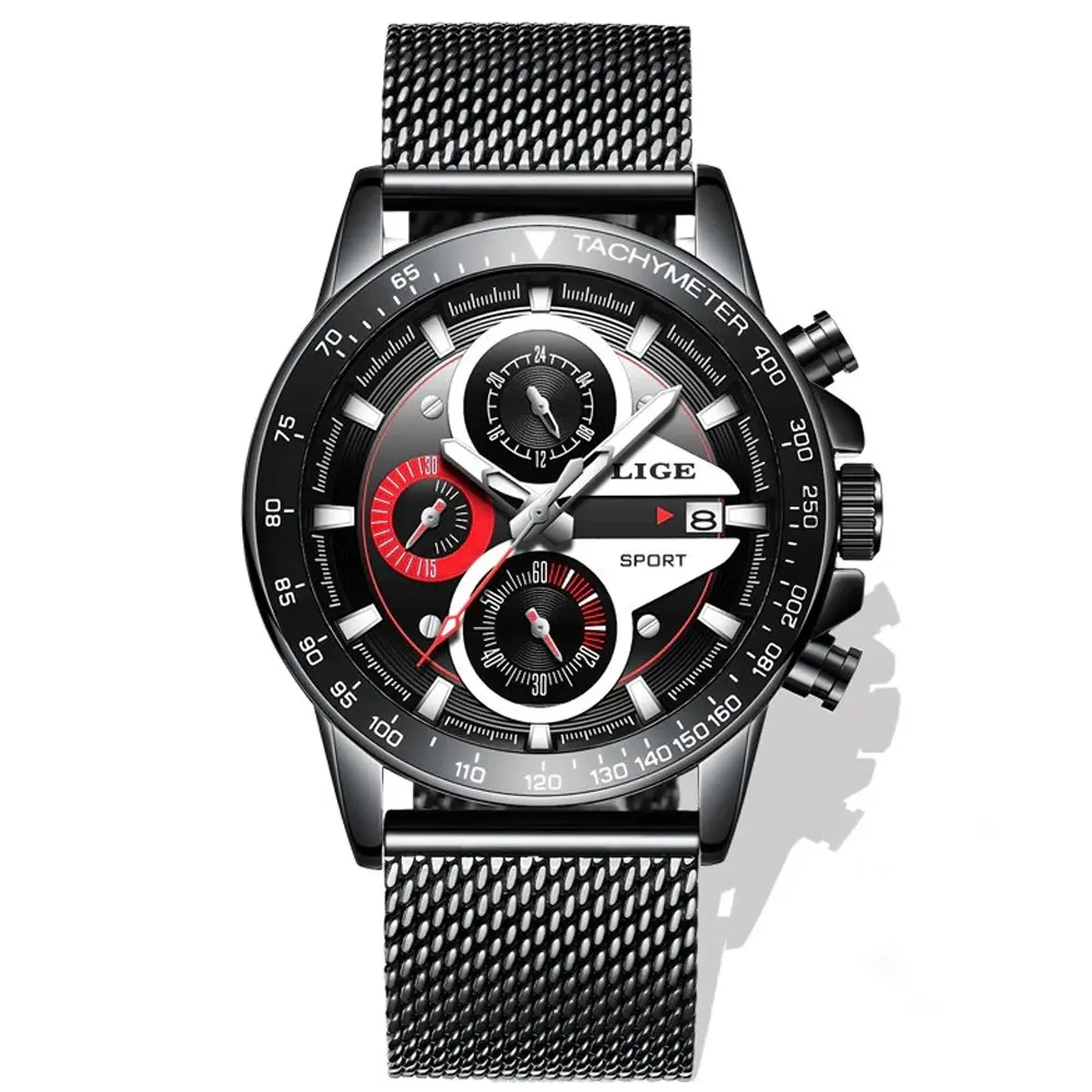 LIGE 9931 Analog Stainless Steel Waterproof Casual Men's Watch  – Dial Color: Red, Strap Color: Black – View 1