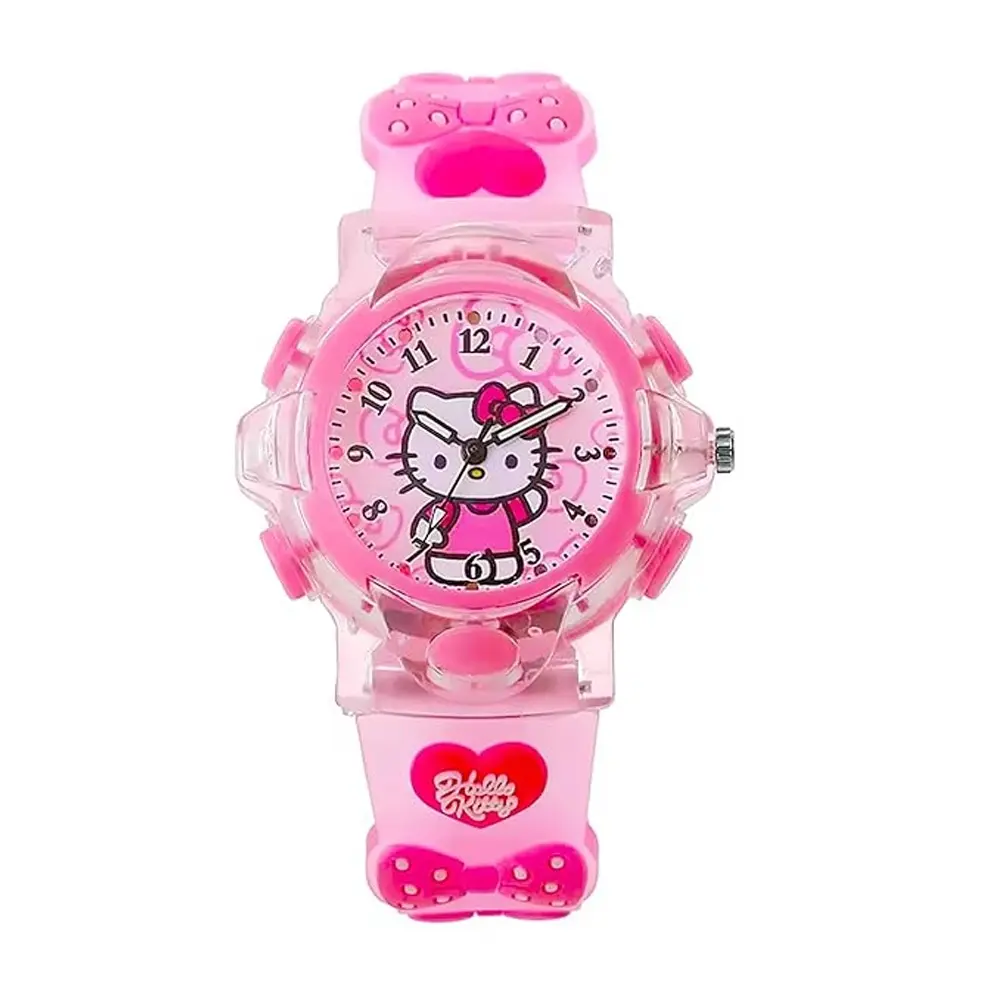 Time Up Analog Dial Cartoon 3D Printed Strap & Glowing Light Transparent Watch for Kids – Dial Color: Pink, Strap Color: Pink – View 1