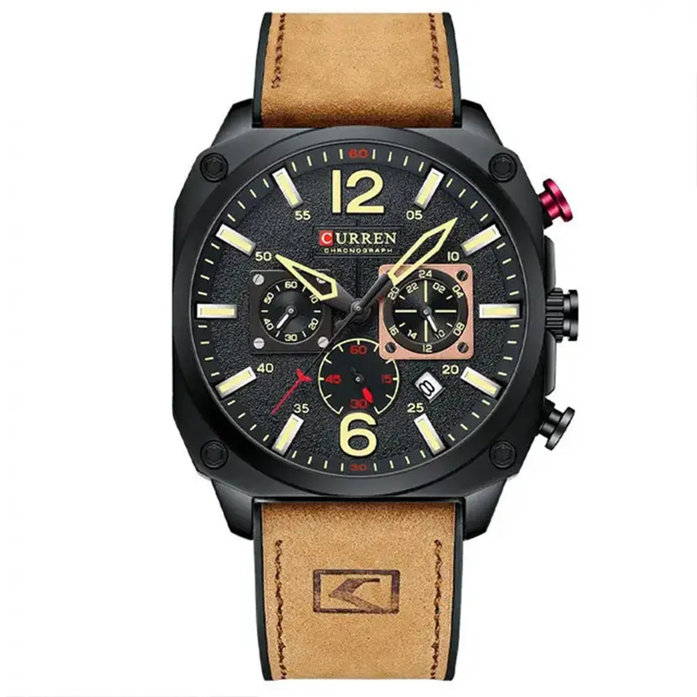 Curren 8398 Luxury Genuine Leather Straps Chronograph Sports Men's Watch – Dial Color: Black, Strap Color:  Brown  – View 1