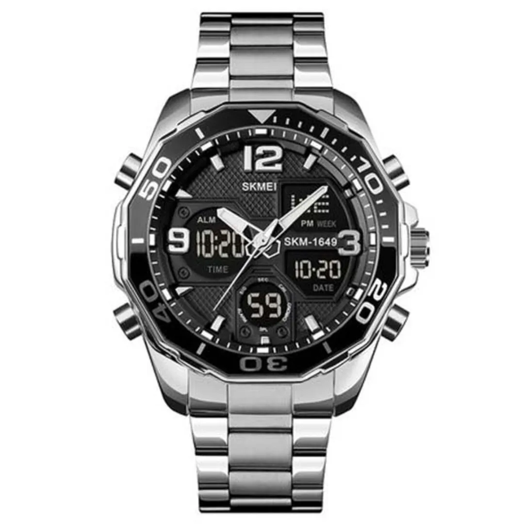 Skmei 1649BK Stainless Steel Digital LED Light Analog Men's Watch – Dial Color: Black, Strap Color: Silver – View 1