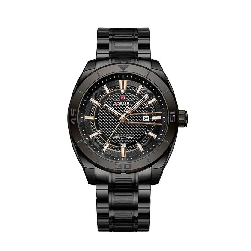 Naviforce NF9210 Luxury Stainless Steel Quartz Analog Men's Watch – Dial Color: Black, Strap Color: Black – View 1
