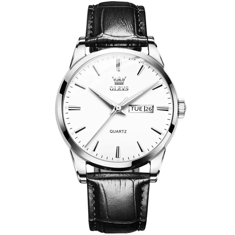 OLEVS 6898 Valentine's Calendar Display Leather Strap Couple's Quartz Watch – Dial Color: White, Strap Color: Black – View 1