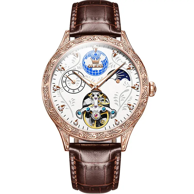 OLEVS 6660 Vintage Mechanical Movement Leather Strap Men's Wristwatch  – Dial Color: White, Strap Color:  Brown  – View 1