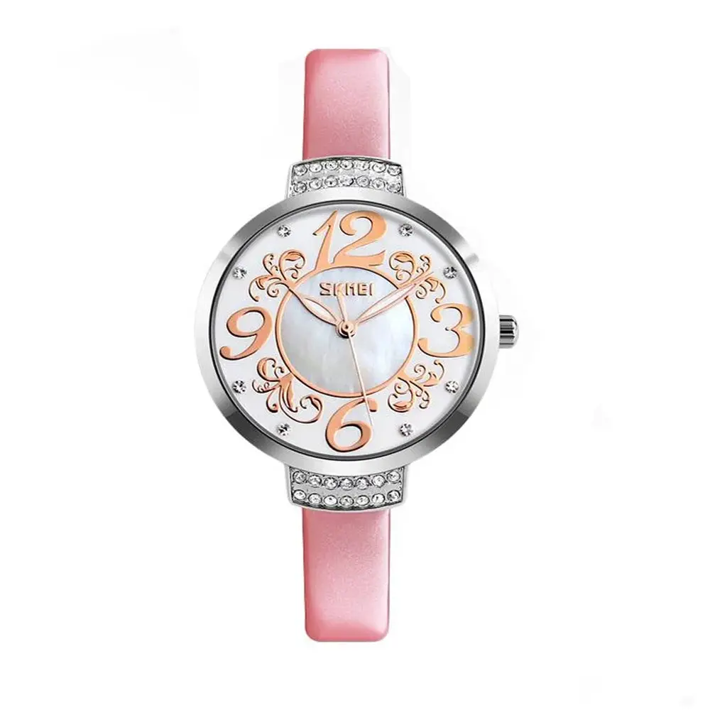 Skmei 9160 Genuine Leather Multi-Color Fashion Women Wrist Watch – Dial Color: Pink, Strap Color: Pink – View 1
