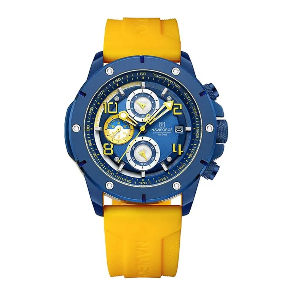 NAVIFORCE NF8034 Chronograph Multifunctional Waterproof Men’s Watch – Dial Color: Blue, Strap Color: Yellow – View 1