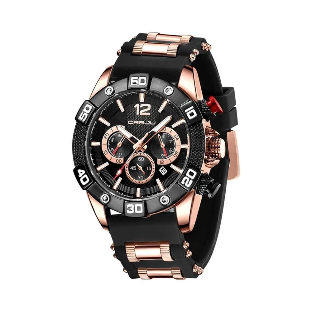 CRRJU 2292 Ultimate Comfort Silicone Strap Timeless Elegance Quartz Sport Men's Watch – Dial Color: Black, Strap Color: Rose Gold – View 1