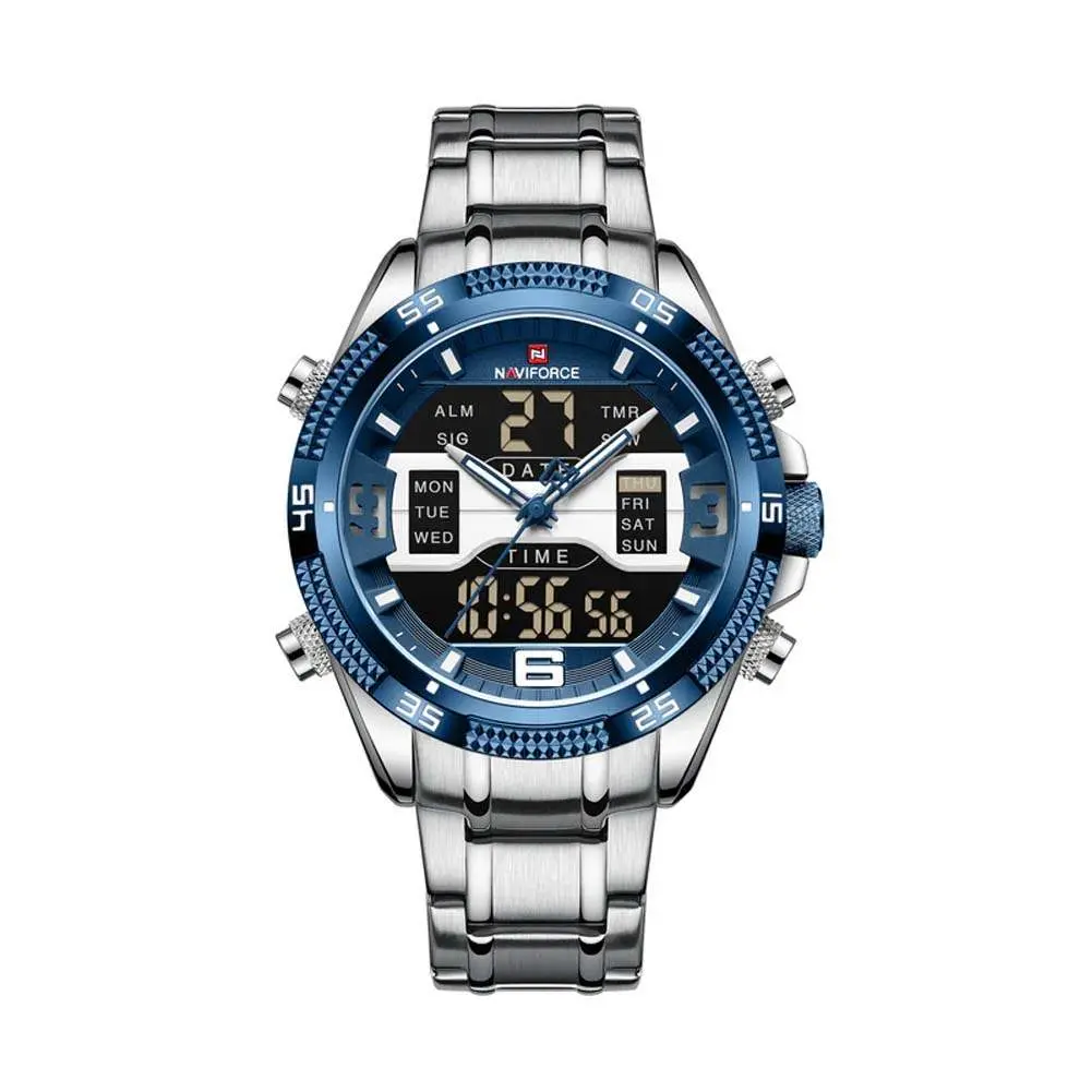 Naviforce NF9201 High Quality Stainless Steel Dual Movement Sport Fashion Men's Watch – Dial Color: Blue, Strap Color: Silver – View 1