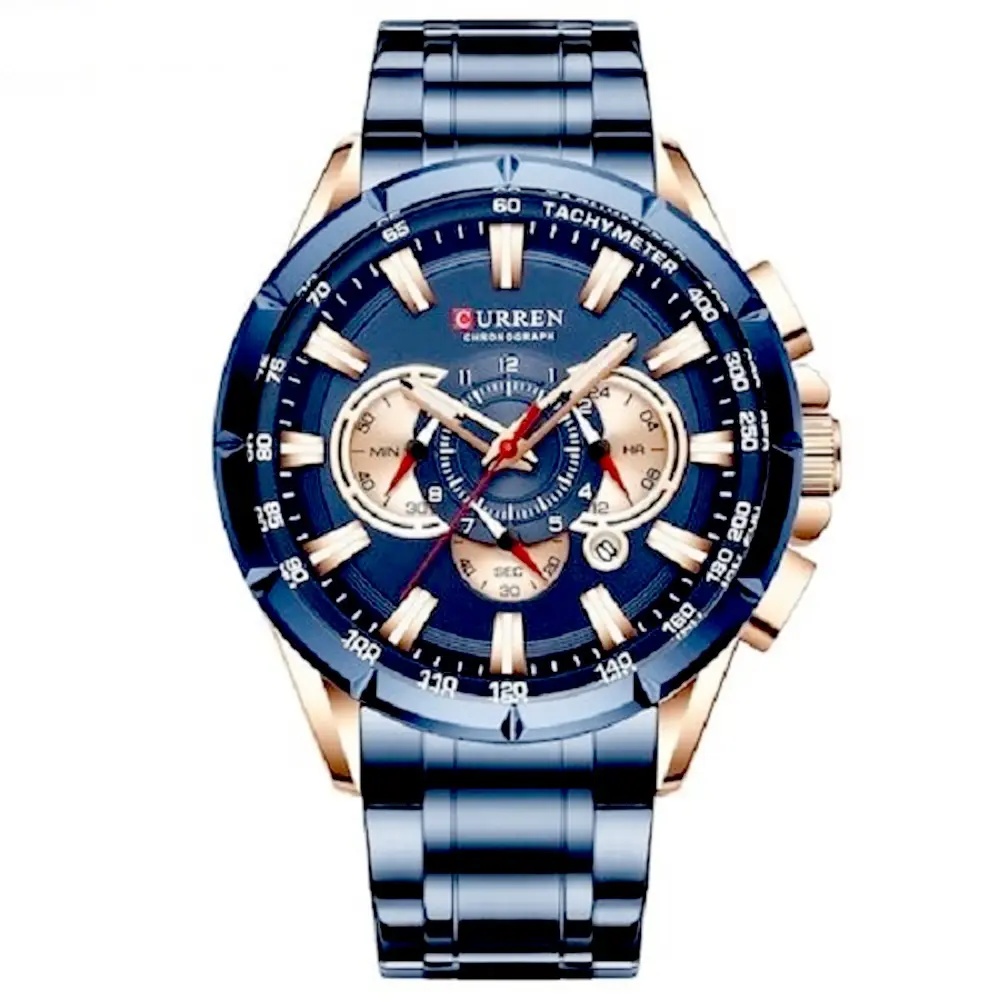 Curren 8363 Comfortable Stainless Steel Multifunctional Chronograph Casual Men's Watch – Dial Color: Blue, Strap Color: Blue – View 1