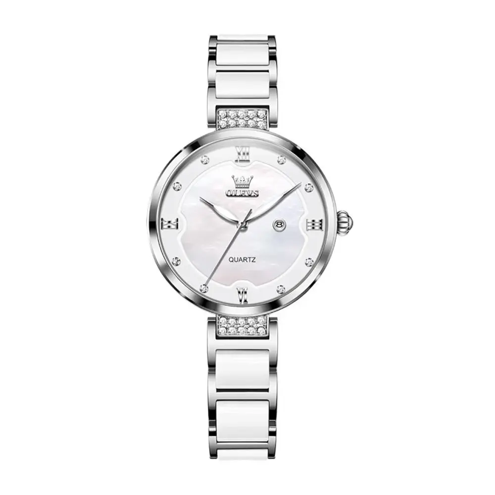 Olevs 5589 Fashion Quartz Round-dial Ceramic Analog Watch for Women – Dial Color: Silver, Strap Color: Silver – View 1