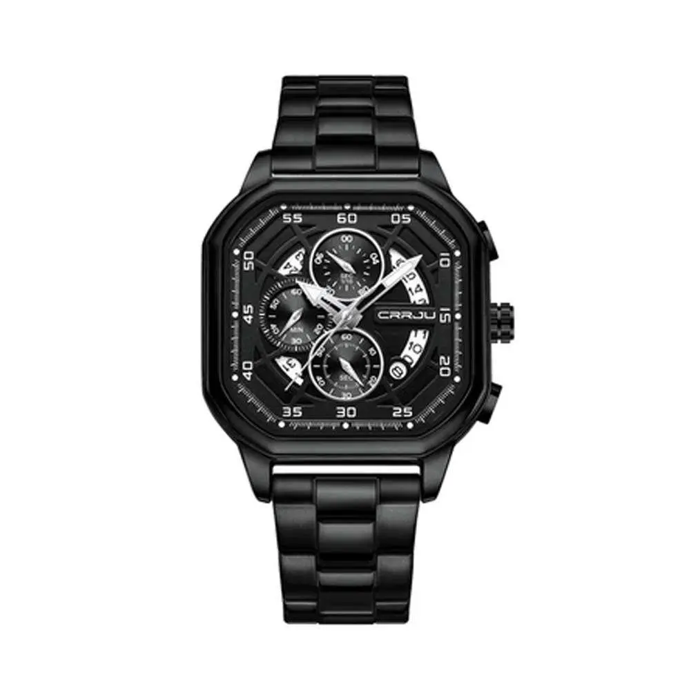CRRJU 2314 Stainless Steel Square Dial Quartz Luxury Fashion Men's Watch – Dial Color: Black, Strap Color: Black – View 1