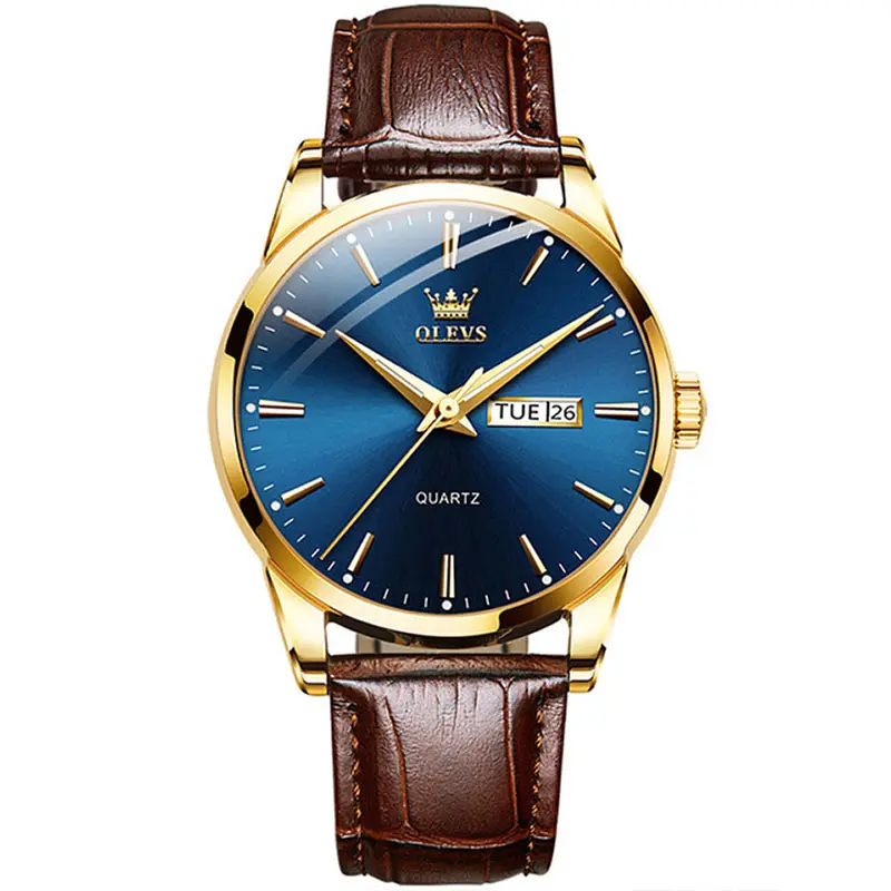 OLEVS 6898 Valentine's Calendar Display Leather Strap Couple's Quartz Watch – Dial Color: Blue Gold, Strap Color:  Brown  – View 1
