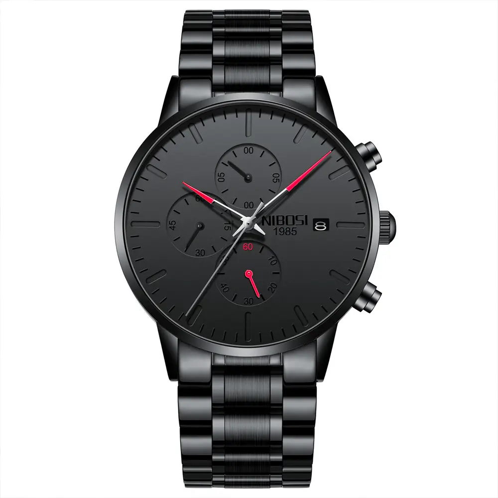 Nibosi 2588 Luxury Stainless Steel Waterproof Men's Watch – Dial Color: Black, Strap Color: Black – View 1