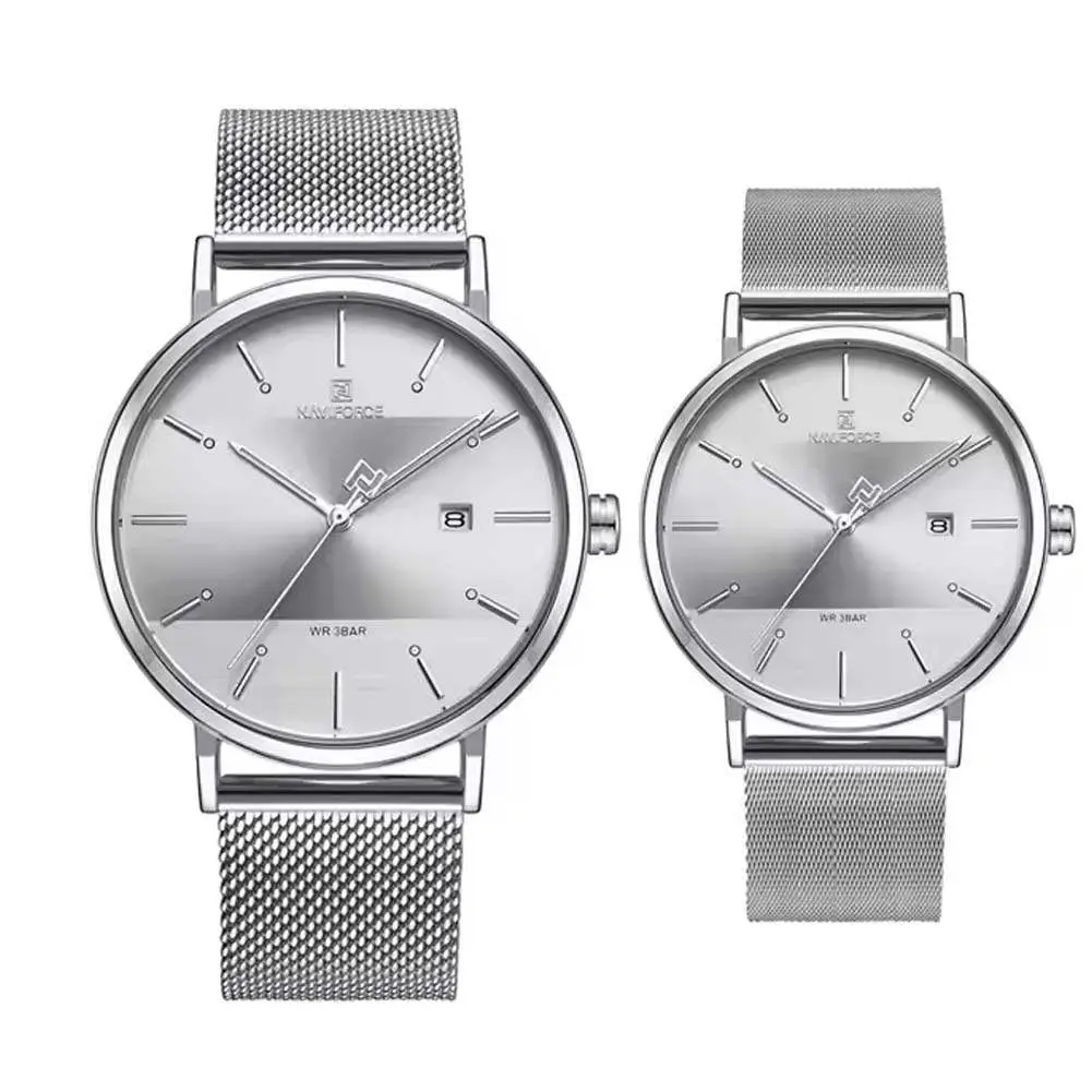 Naviforce NF3008 High Quality Stainless Steel Classic Quartz Fashion Couple's Watch – Dial Color: Silver, Strap Color: Silver – View 1