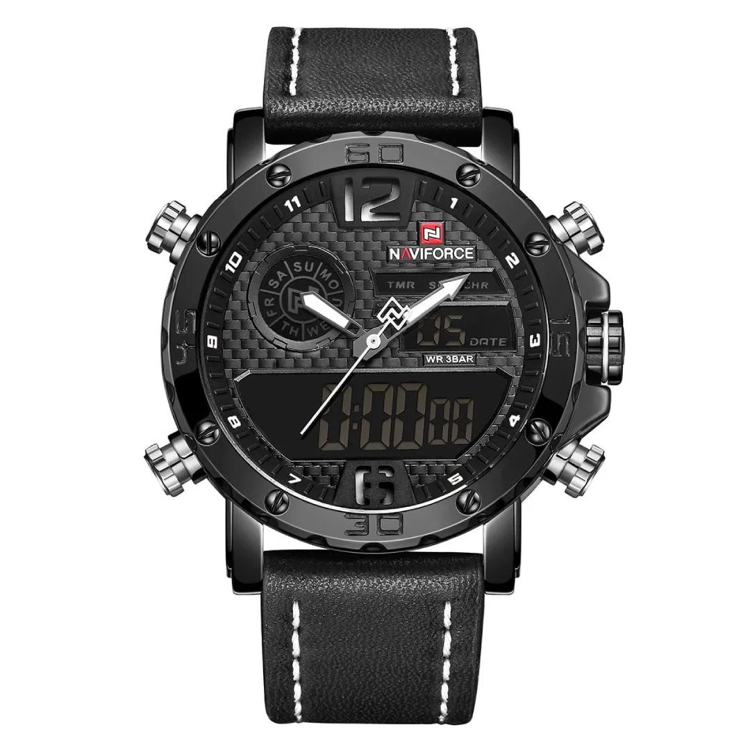 NAVIFORCE NF9134 PU Leather Analog Digital Sports Men's Watch – Dial Color: White, Strap Color: Black – View 1