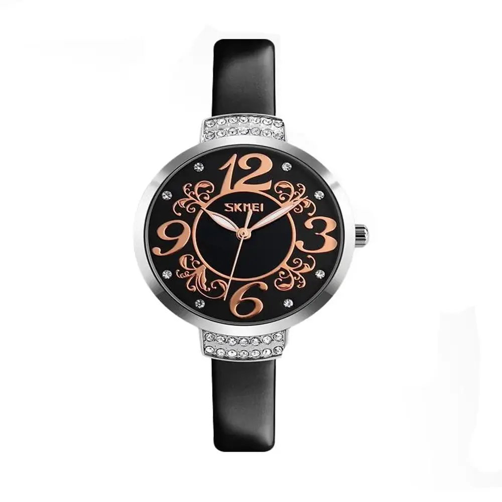 Skmei 9160 Genuine Leather Multi-Color Fashion Women Wrist Watch – Dial Color: Black, Strap Color: Black – View 1