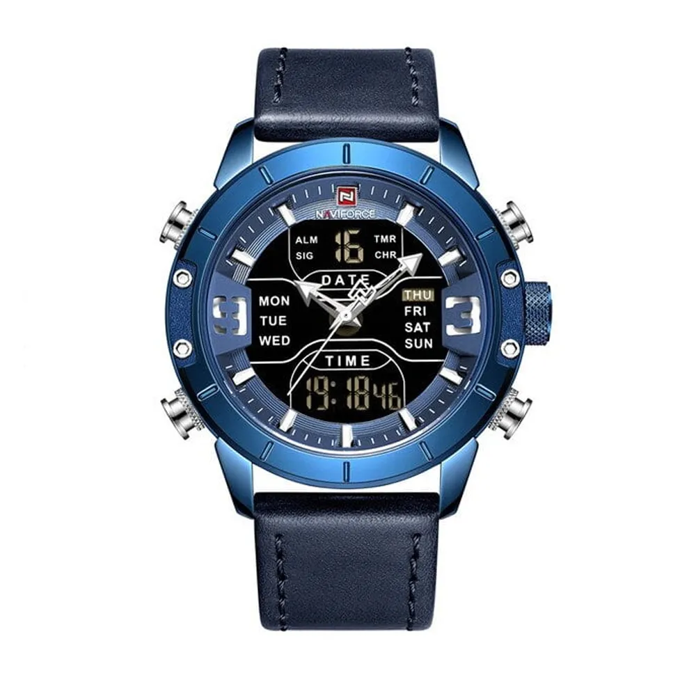 Naviforce NF9153 Genuine Leather Dual Display Luxury Fashion Men's Watch – Dial Color: Blue, Strap Color: Blue – View 1