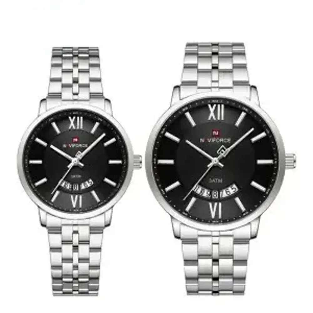 NAVIFORCE NF9238 Modern & Stylish Stainless Steel strap Calendar Analog Couple Watch – Dial Color: Black, Strap Color: Silver – View 1