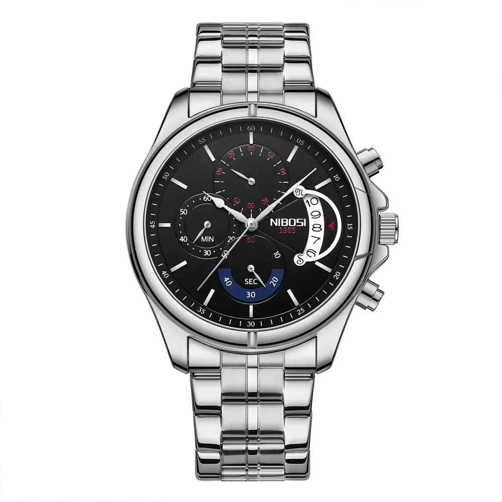 Nibosi 2522 High Quality Stainless Steel Analog Men's Watch  – Dial Color: Black, Strap Color: Silver – View 1