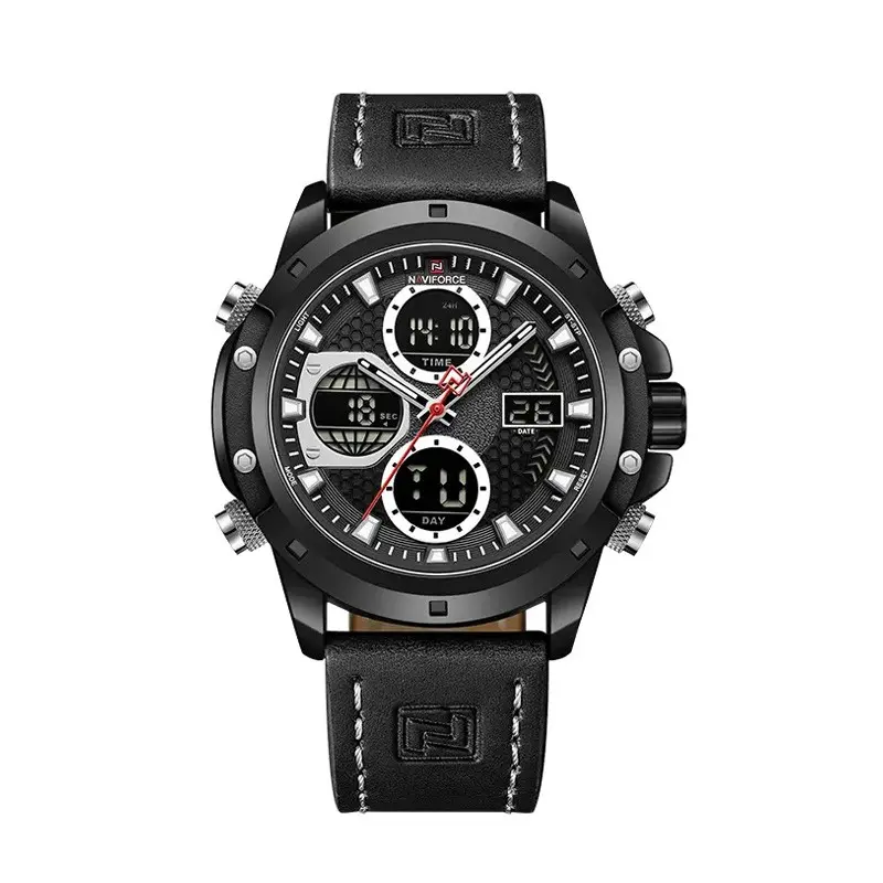Naviforce NF9225 Elite Leather Dual Time Quartz Classic Men's Watch – Dial Color: Black, Strap Color: Black – View 1