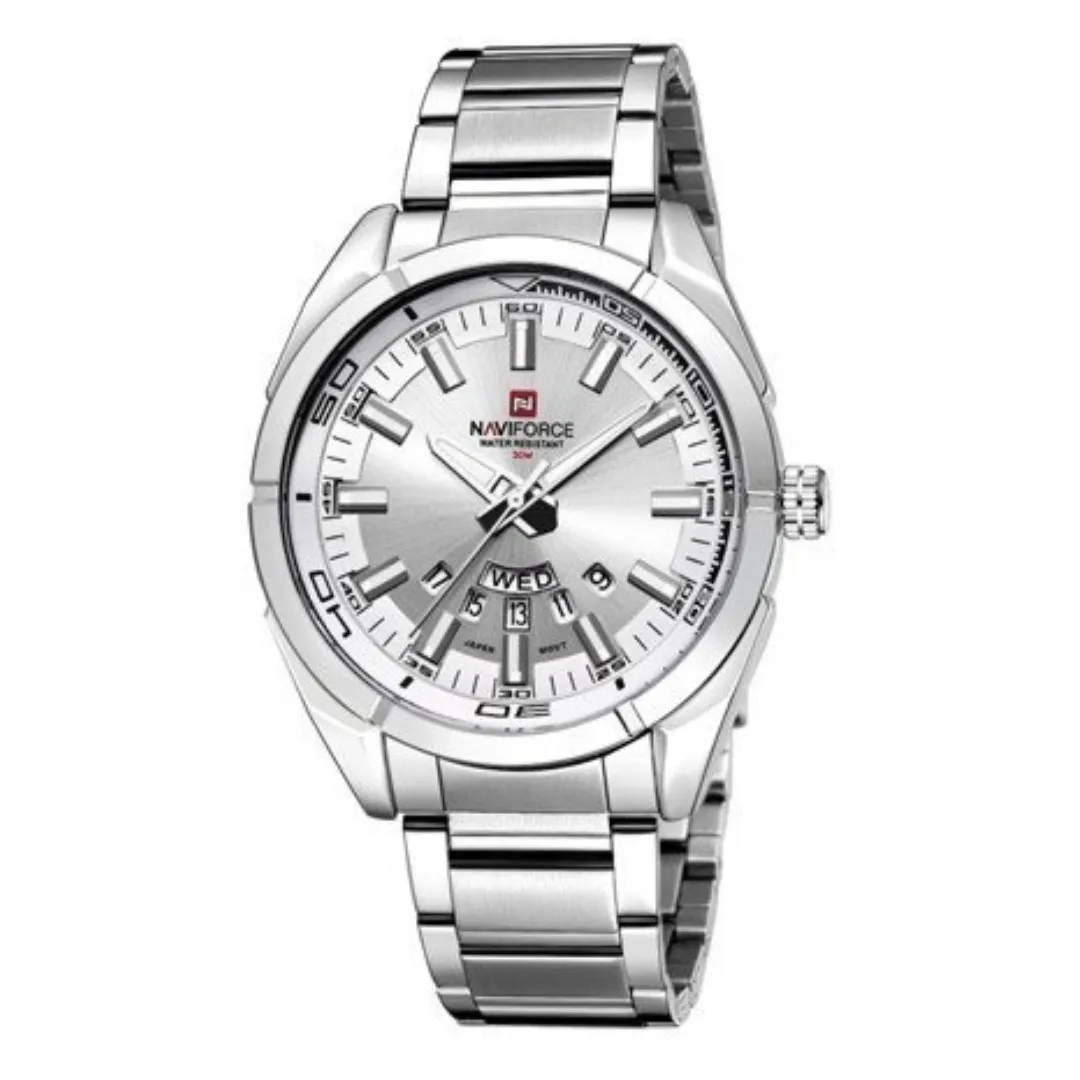 Naviforce NF9038 Luxury Quartz Stailness Steel Men's Watch – Dial Color: Silver, Strap Color: Silver – View 1