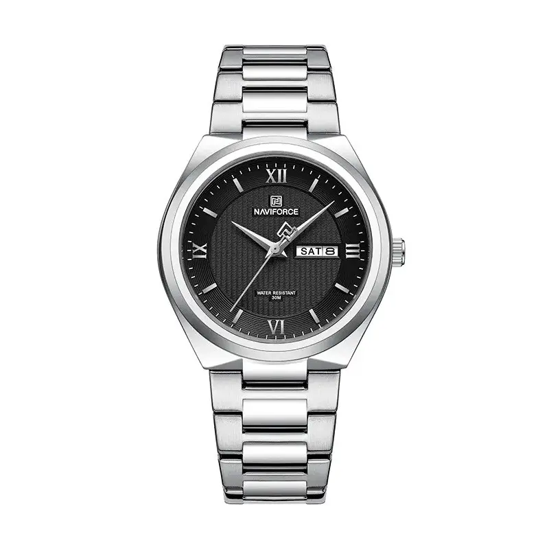 Naviforce NF8030 Military Stainless Steel Quartz Analog Men’s Watch – Dial Color: Black, Strap Color: Silver – View 1