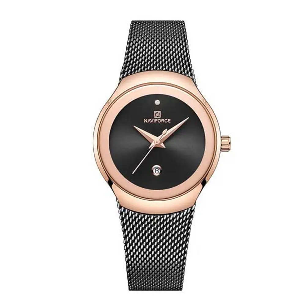 Naviforce NF5004 Milanese Mesh Strap Waterproof Versatile Ultra Thin Women's watch – Dial Color: Black, Strap Color: Black – View 1